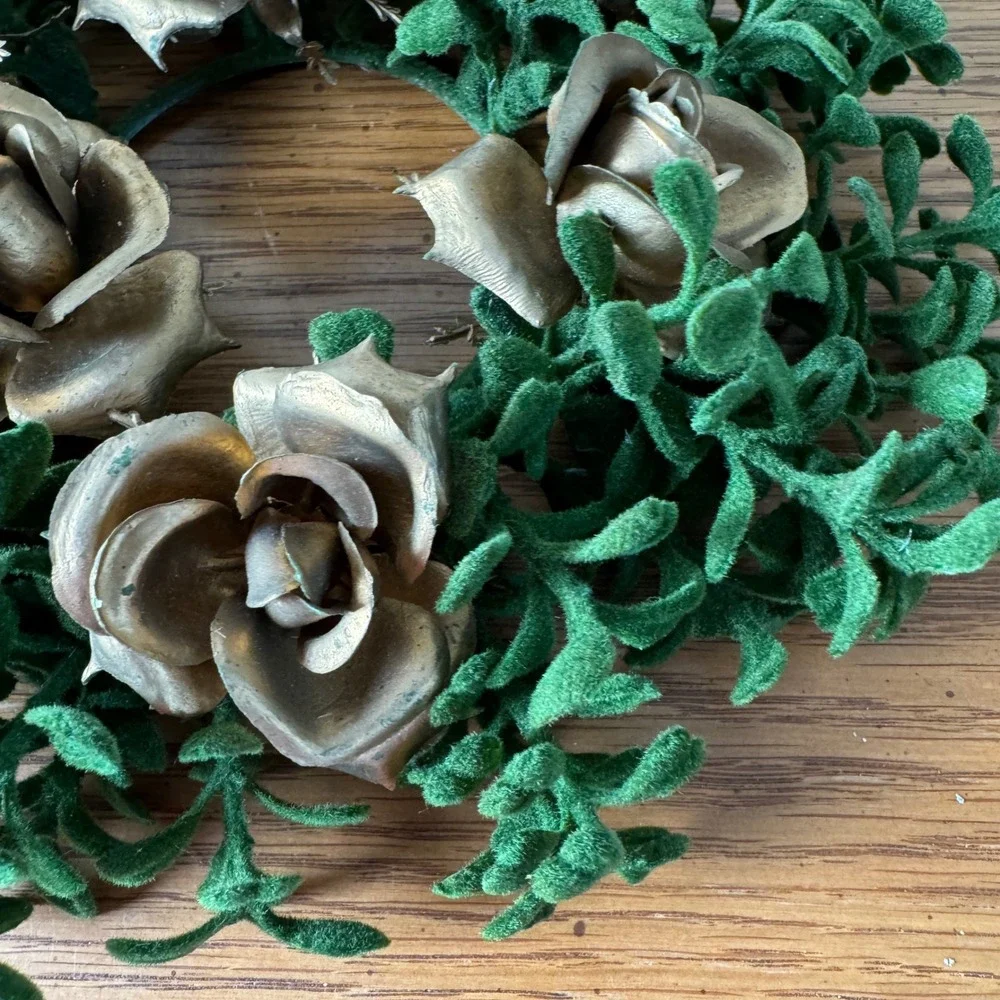 Artificial Wreath Green‎ Leaf Flocked Gold Rose Small Candle Wreath Accents